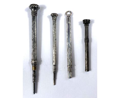 Four miniature silver/white metal propelling pencils, three with seal tops 