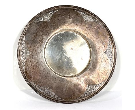 A hallmarked silver circular bottle stand with wide pierced border, Sheffield 1918, diameter 24cm, 14.4oz; a set of 4 gilt me