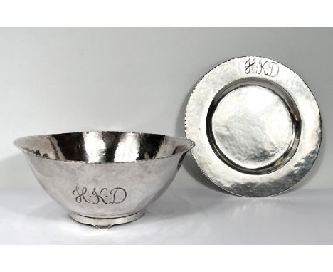 A hall marked silver arts and crafts planished bowl and dish stand with monogram to bowl and dish Chester 1924, maker LM 17.5