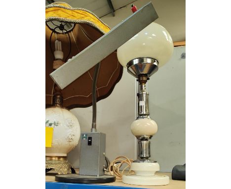 An unusual mid 20th century lamp with chrome and cream fittings with mushroom glass shade; a industrial style vintage desk la