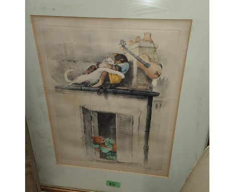 FRENCH SCHOOL: a hand coloured soft ground etching, humorous cat subject, 34 x 26cm, framed; a 19th century pencil and wash s