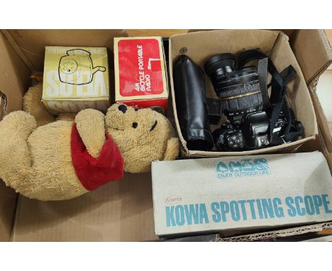 A Nikon F-601 SLR Camera, accessories, a Kowa spotting scope etc 