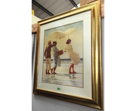 A print after&nbsp;Jack Vettriano: figure on a beach; a print of a conservatory with flowers; a large mirror in gilt and wood