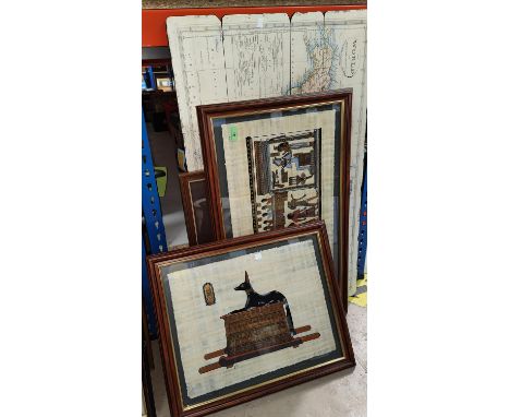 Two Egyptian pictures on papyrus; a world map print of St Johns, Bollington 