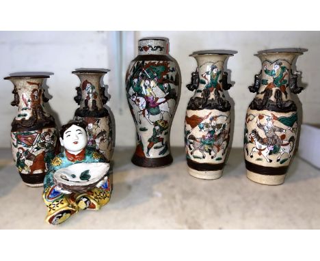 Five 19th century Chines graduating vases with crackle glaze, bark and polychrome decoration (some chips/losses); a Chinese c