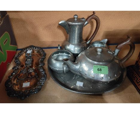 A HOMELAND PEWTER 5 piece hammered finish tea service and an Old Sheffield plate candle snuffer and tray 