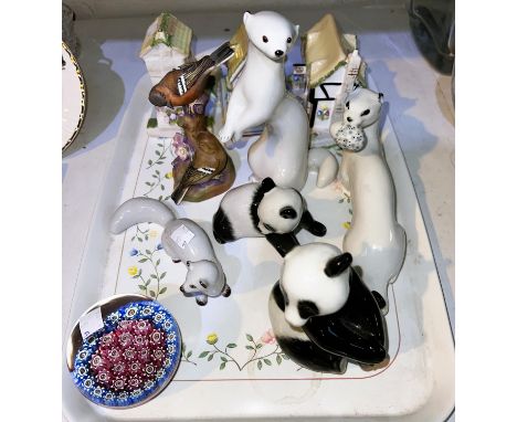 A Baccarat style paperweight USSR ceramic animals, Coalport cottages etc 