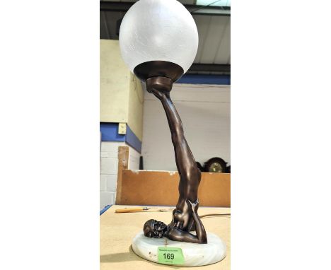 An Art Deco style table lamp depicting bronzed female acrobat balancing a ball on her feet, with globe shade 