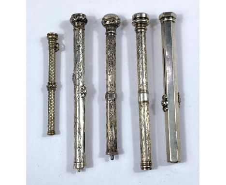 Five silver/white metal propelling pencils, four with stones to top, some hallmarks worn 