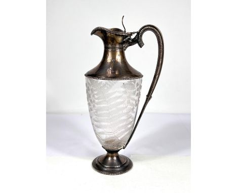 A fern etched glass claret jug with beaded hallmarked silver lid, rim, handle and base