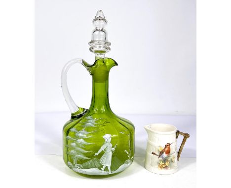 Mary Gregory decanter; Royal Worcester jug decorated with a Robin by Powell and a Cantonese rice bowl.The Royal Worcester jug