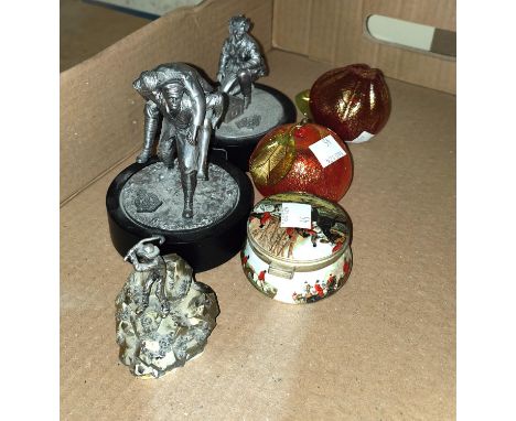 Three miniature metal sculptures; 3 coloured glass fruits; a miniature china box decorated with a hunting scene 