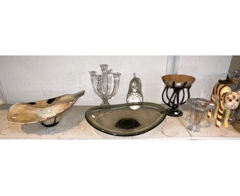 Signed Artwork glass pear and various other glass items, including a Holmegaard smoky glass dish, shell, candlesticks etc