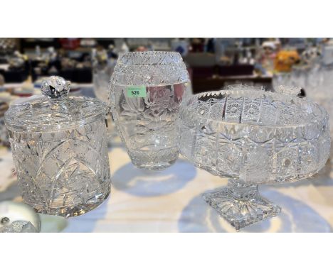 A large cut crystal vase of ovoid form with floral etching, height 27cm; a large cut crystal bowl on pedestal, diameter 23cm;