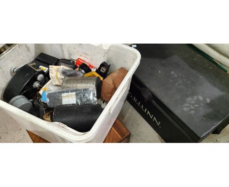 A small lock box tin and a selection of vintage camera equipment 