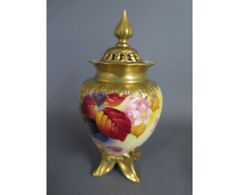 A Worcester blush pot pourri decorated with blackberry's by Kitty Blake, gilt highlighted to top and base, no 227 to base - H