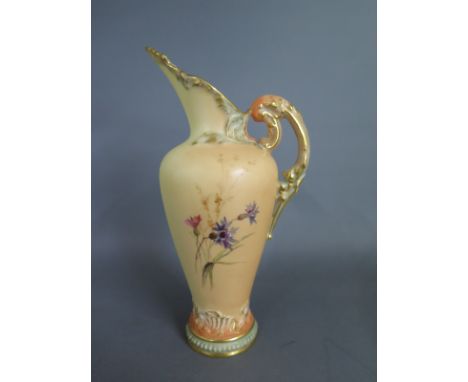 A Worcester blush ewer decorated in floral design highlighted in gilt - Height approx 15cm - no 1587 - no damage or chips