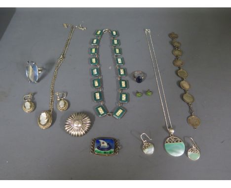 A collection of silver and white metal vintage jewellery including silver rings, a Deco silver and paste necklace, a scrap 9c