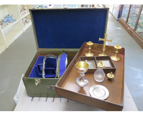 An unusual mid 20th century Army Chaplain's Travelling Communion set comprising spirit flask, wafer box, chalice and pattern,