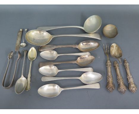 A silver hallmarked soup spoon, ladle, various teaspoons - approx total weight 9 troy oz - varying condition