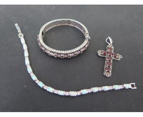 A silver and opal bracelet, silver rose quartz and marcasite bracelet and silver garnet cross