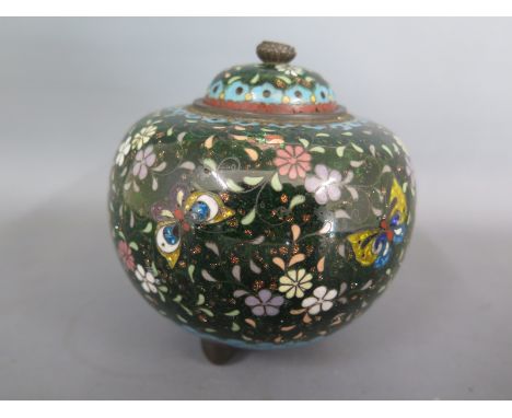 A Japanese cloisonne bowl with cover decorated with flowers and insects - has damage and loss of enamel in at least two/three