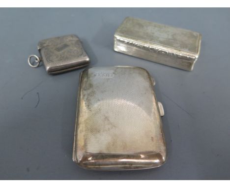A silver hallmarked vesta, cigarette case and snuff box - approx weight 4 troy oz - various marks and dents