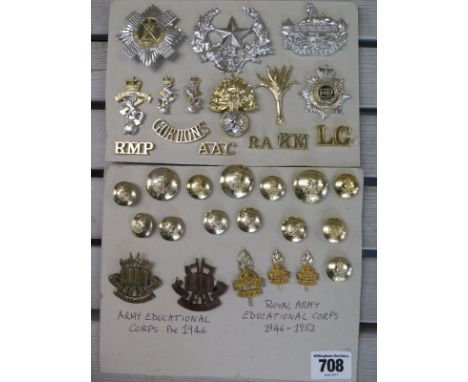 Two boards of Military badges and buttons Army Educational Corps pre 1946 and Royal Educational Corps 1946 - 1952
