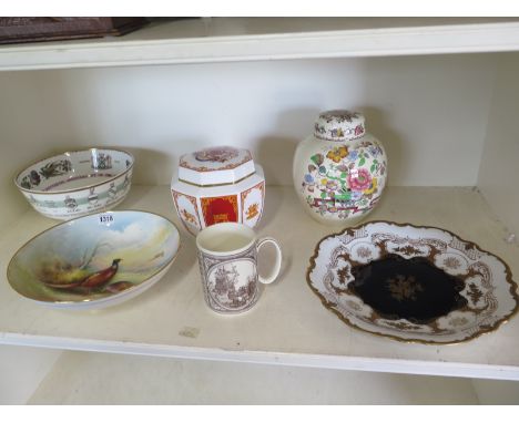 A Minton bowl with Pheasant decoration signed L Woodhouse - Diameter 29cm - a Caverwall ginger jar, a Masons ginger jar and a