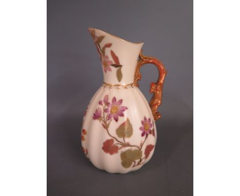 A Worcester fluted ewer decorated in floral design highlighted in gilt on cream ground no 1436 to base - no damage, chips or 