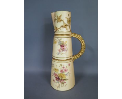 A Worcester no 1047 blush ground ewer, of tapered form, floral decoration, gilt embellished - Height 20cm - no chips or crack