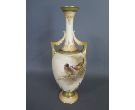 A small Worcester twin handled vase decorated with birds and gilt highlights signed by Jas Stinton - approx height 19cm - no 