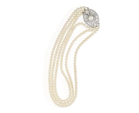 A CULTURED PEARL AND DIAMOND CHOKER NECKLACEComposed of three strands of cultured pearls of creamy white tint measuring appro