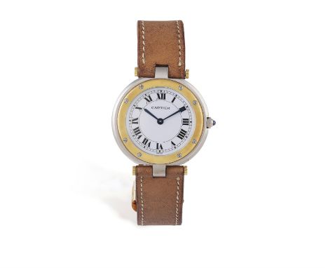 A LADY'S STAINLESS STEEL AND 18K GOLD ‘VENDÔME’ WRISTWATCH, BY CARTIER9-jewel Cal-81 quartz movement, the circular white dial