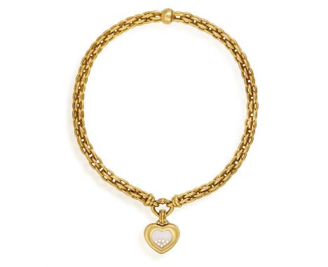 A 'HAPPY DIAMOND' PENDANT NECKLACE, BY CHOPARDThe fancy-link gold chain suspending a detachable heart shaped pendant with gla
