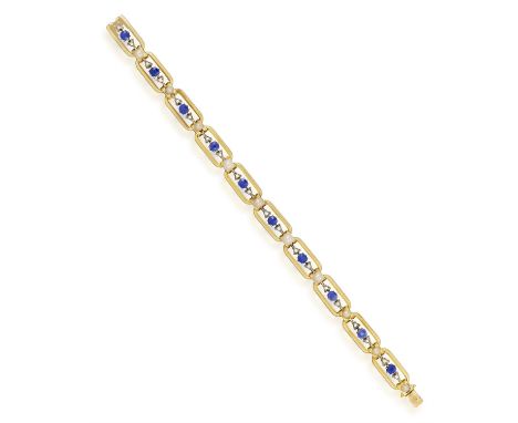 A SAPPHIRE, PEARL AND DIAMOND BRACELETOf openwork design, the fancy-link chain centring circular or cushion-shaped sapphires 