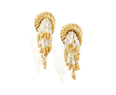 A PAIR OF FRESHWATER PEARL AND GOLD EARCLIPSEach fluted polished clip centring a freshwater pearl cascade tassel with texture