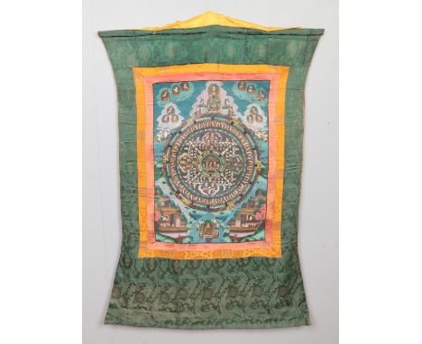 A Tibetan Thangka painting on material depicting several deity. Size of panel 57cm x 39.5cm.  