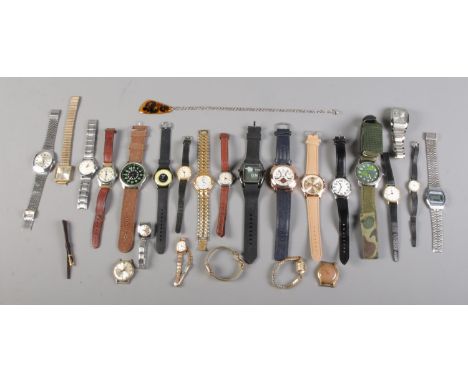 A box of assorted watches. To include a Smiths Empire, Timex, Sekonda and Avia etc.  Most watches will need attention.