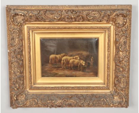 A 19th century gilt framed oil on panel, interior of a barn with sheep. Signed JH, possibly Joseph Hinchliffe. 17cm x 24cm.  