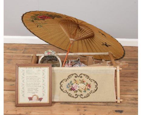 A collection of assorted items, to include parasol, barbola mirror, easel and tapestry etc.  