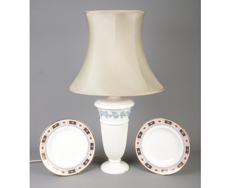 A mid twentieth century Wedgwood Queensware ceramic table lamp base, with flared shade, together with two Royal Crown Derby '