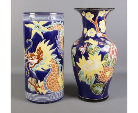 Two large Oriental style ceramic vases, one of baluster form. Largest 52cm tall.  