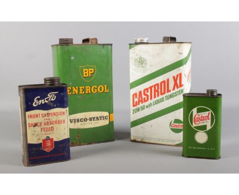 A collection of vintage fuel cans. To include BP Energol, Castrol XL, Castrol gear oil, Enfo.  