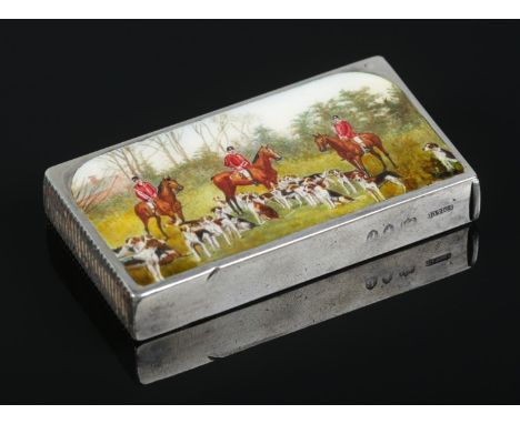 A Victorian silver and enamel vesta case, decorated with a hunting scene. Assayed 1890 by Sampson Mordan &amp; Co. 42g.  Smal