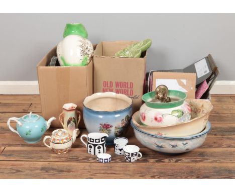 Three boxes of miscellaneous. To include vintage ceramic wash bowls (Palissy, Crown Devon), commemorative mugs, pair of vinta