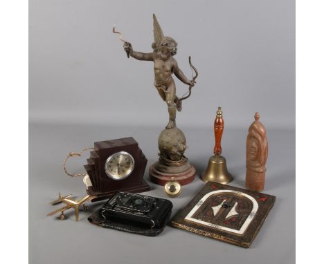 A box of miscellaneous. Includes French cherub table lamp, eastern mirror, Art Deco clock etc.  