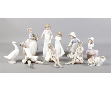 A collection of ten Nao by Lladro figures. To include ballerinas, lady with umbrella and Goose etc. Tallest figure: H: 26cm. 