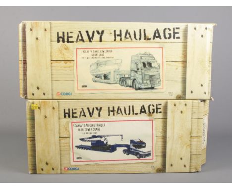 Two limited edition boxed Corgi 'Heavy haulage' die cast trucks. Scale 1.50. Scania T Cab King Trailer with tower crane CC128