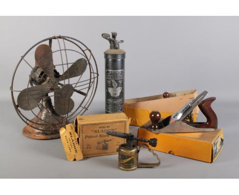 A quantity of miscellaneous. To include vintage industrial fan, Stanley No 4 plane (boxed), Bladon petrol blow lamp No B46 (b